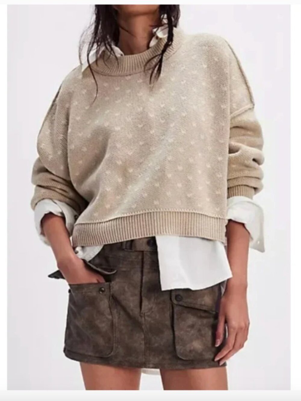 Free People Easy Street Patterned Crop Sweater Oatmeal Combo Women's Medium